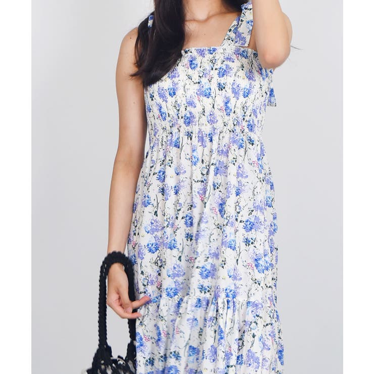 フラワー柄肩リボンキャミソールワンピース 韓国 春夏[品番 