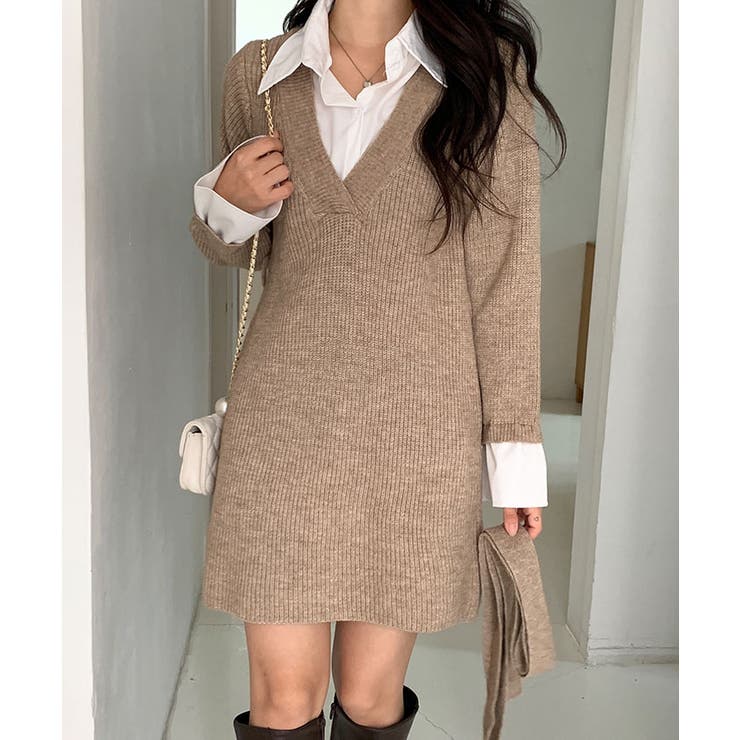 ベージュ | ニットワンピース ミニ ワンピ | VIVID LADY