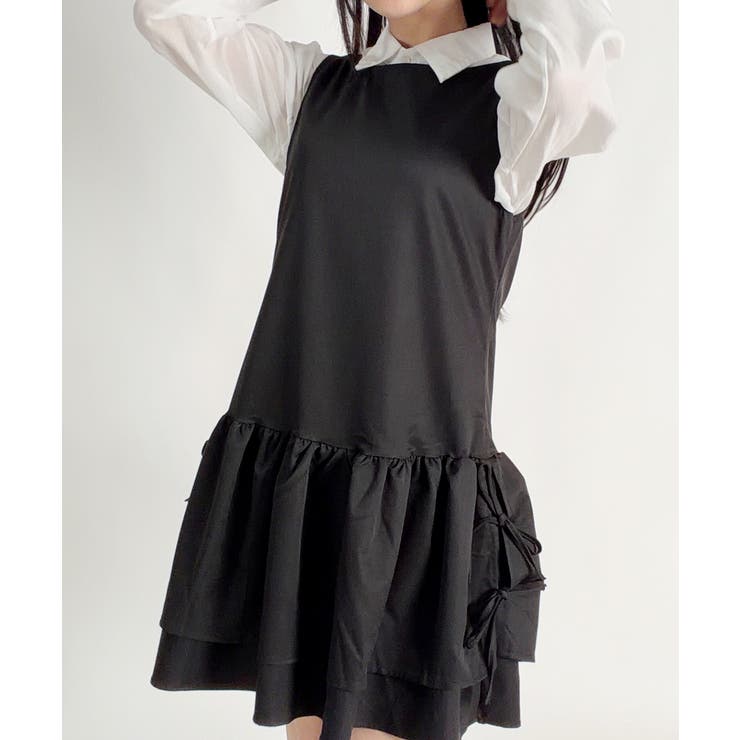 ブラック | サイドリボン ティアード ノースリーブワンピース | VIVID LADY