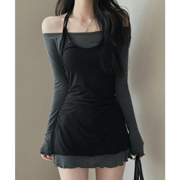 チャコールグレー | オフショルダー×ホルターネック レイヤードミニワンピース | VIVID LADY