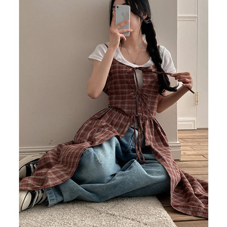 チェック柄 フロントリボン レイヤードキャミワンピース | VIVID LADY | 詳細画像15 