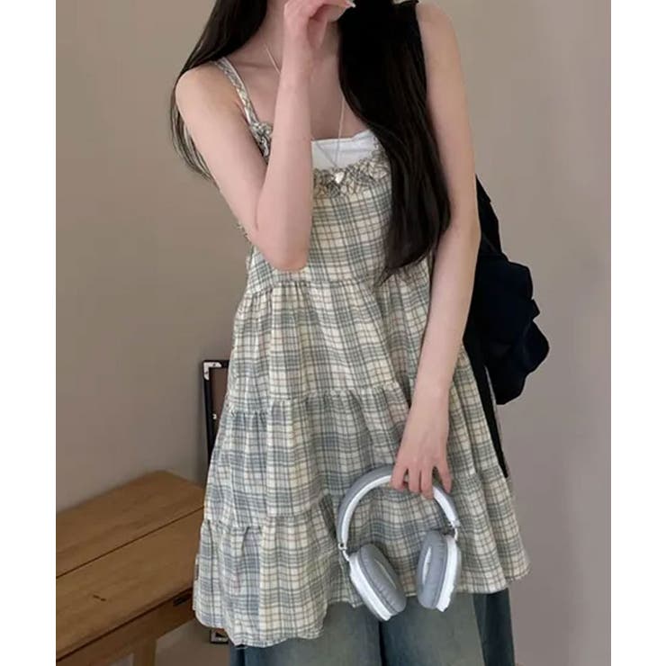 イエロー | チェック フリル キャミソールワンピース | VIVID LADY