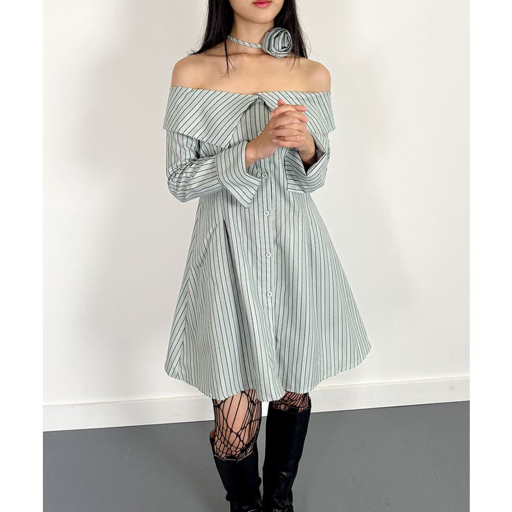 ストライプオフショルダーワンピース ストライプ オフショルダー ワンピース[品番：KH000014918