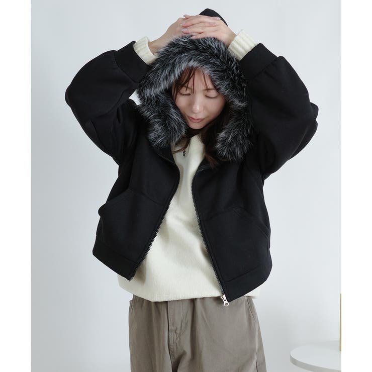 裏起毛】ファー付きショート丈 ジップアップパーカー[品番
