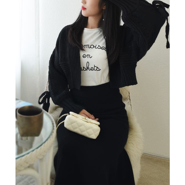 リボン付き袖クロップド丈カーディガン レディース Y2K[品番  