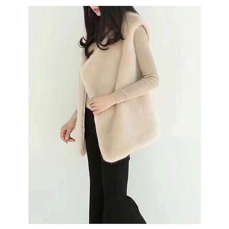 ベージュ | シンプルなデザインのファーベスト レディース エコファー | VIVID LADY