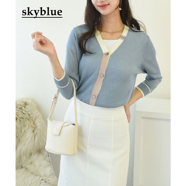 配色Vネックニットカーディガン レディース 七分袖 | VIVID LADY | 詳細画像15 