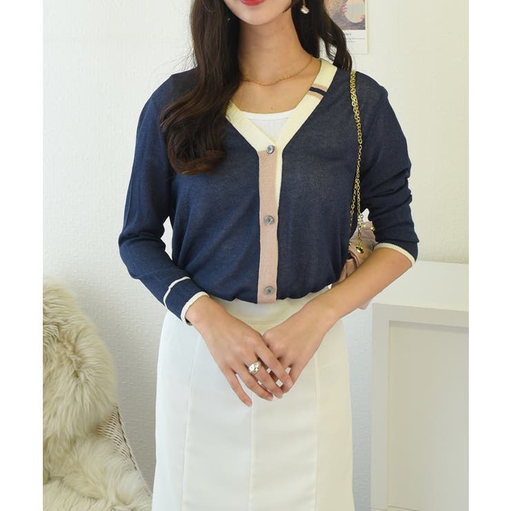 ネイビー | 配色Vネックニットカーディガン レディース 七分袖 | VIVID LADY