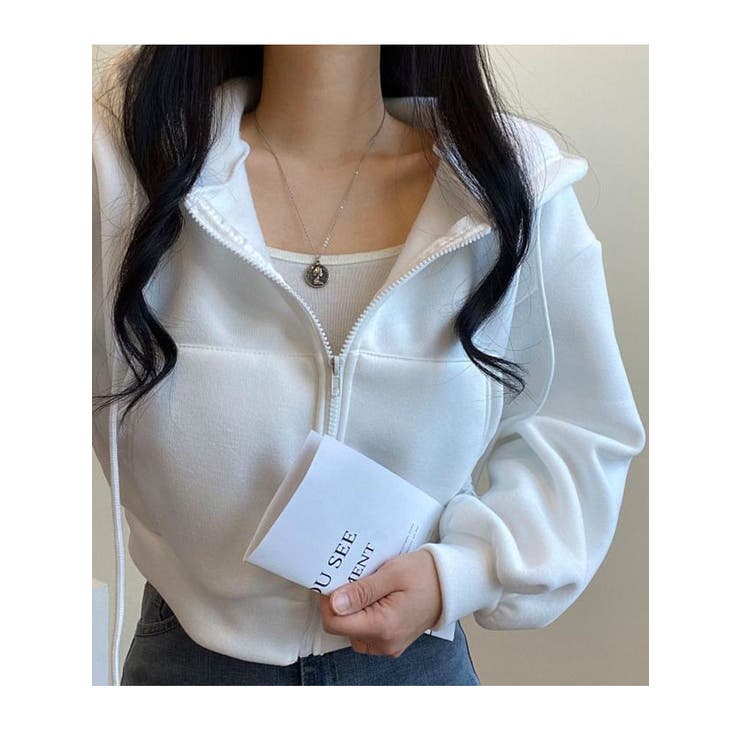 クロップド丈 裏起毛 フード付きジップアップパーカー[品番