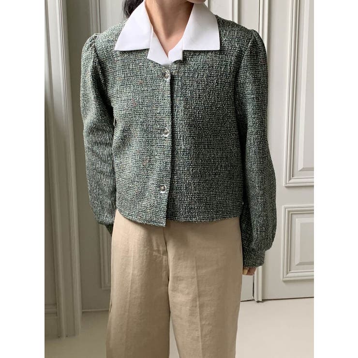 グリーン | ツイードvネックパフシャーリングジャケットレディース 秋 ツイード | VIVID LADY
