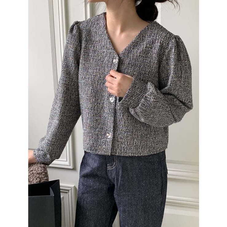 アイボリー | ツイードvネックパフシャーリングジャケットレディース 秋 ツイード | VIVID LADY