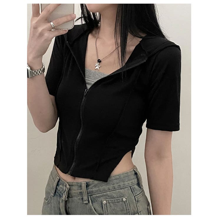 フード付き半袖ジップアップジャケット クロップド丈 サイドスリット入りアウター | VIVID LADY | 詳細画像20 