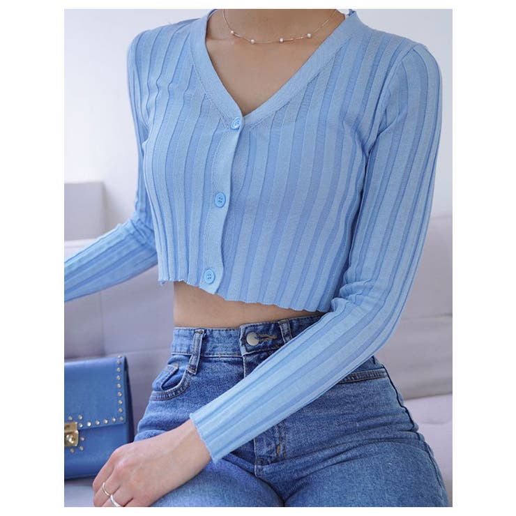 スカイブルー | クロップドリブカーディガン長袖 Y2K 全5色 | VIVID LADY