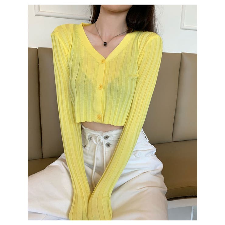 イエロー | クロップドリブカーディガン長袖 Y2K 全5色 | VIVID LADY