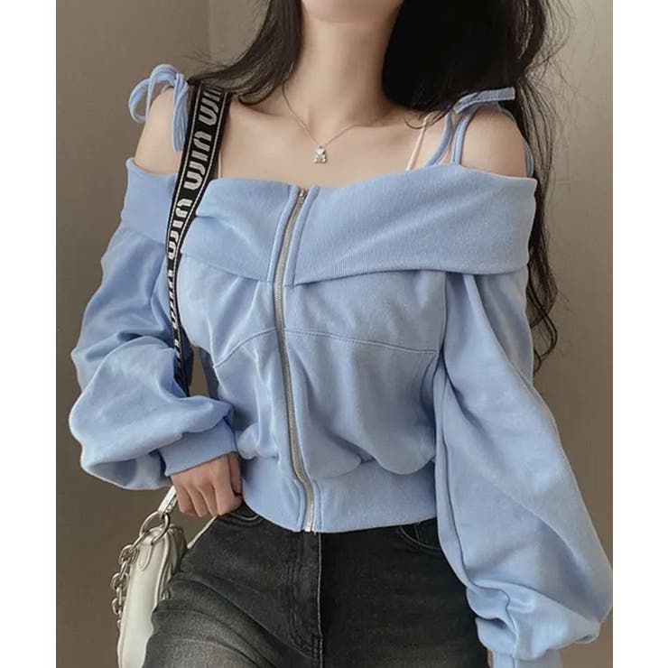 ライトブルー | 肩紐付き オフショルダー スウェット | VIVID LADY