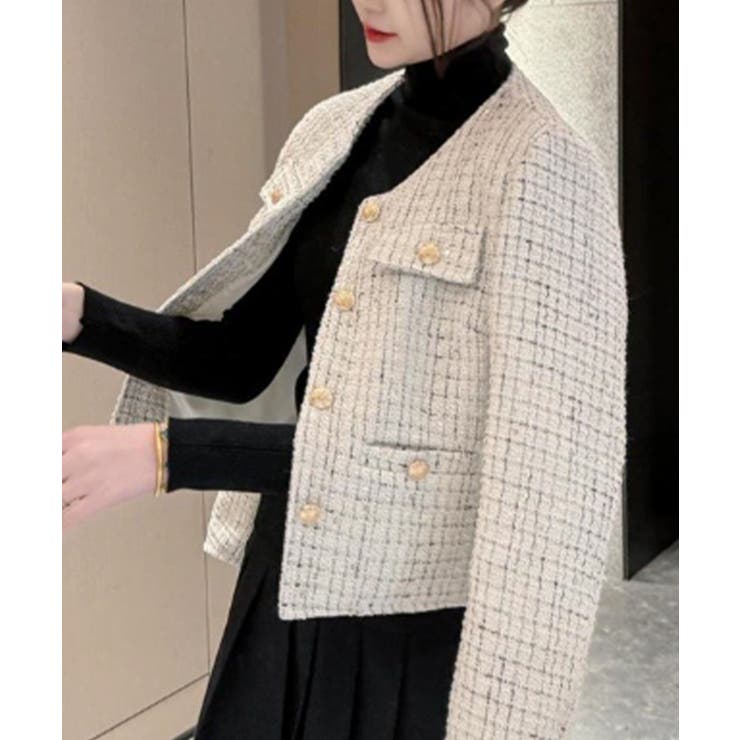 アイボリー ツイード ノーカラー ジャケット ツイードノーカラーミドル ジャケット （ノーカラージャケット