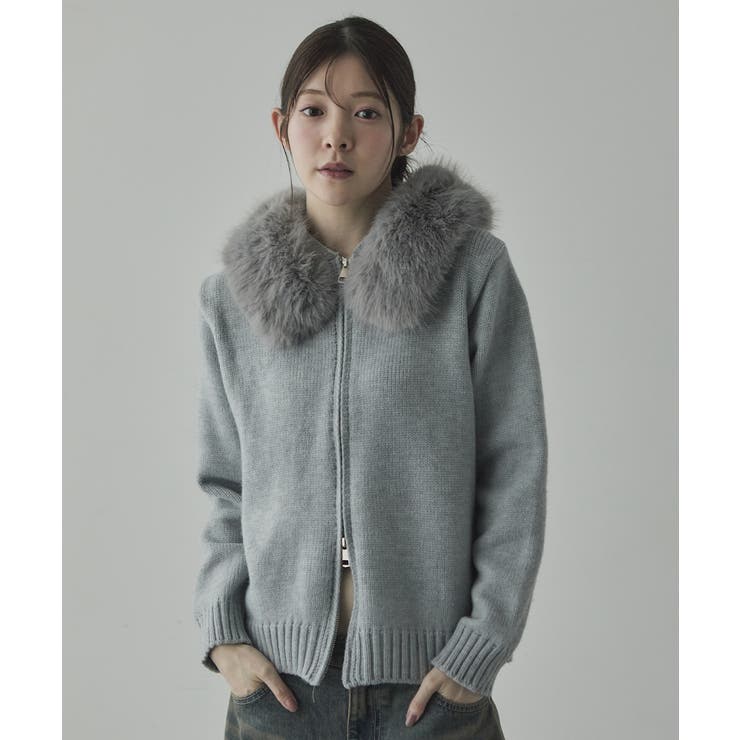 ファー付き黒ニットカーディガンM ファー付き黒ニットカーディガンM