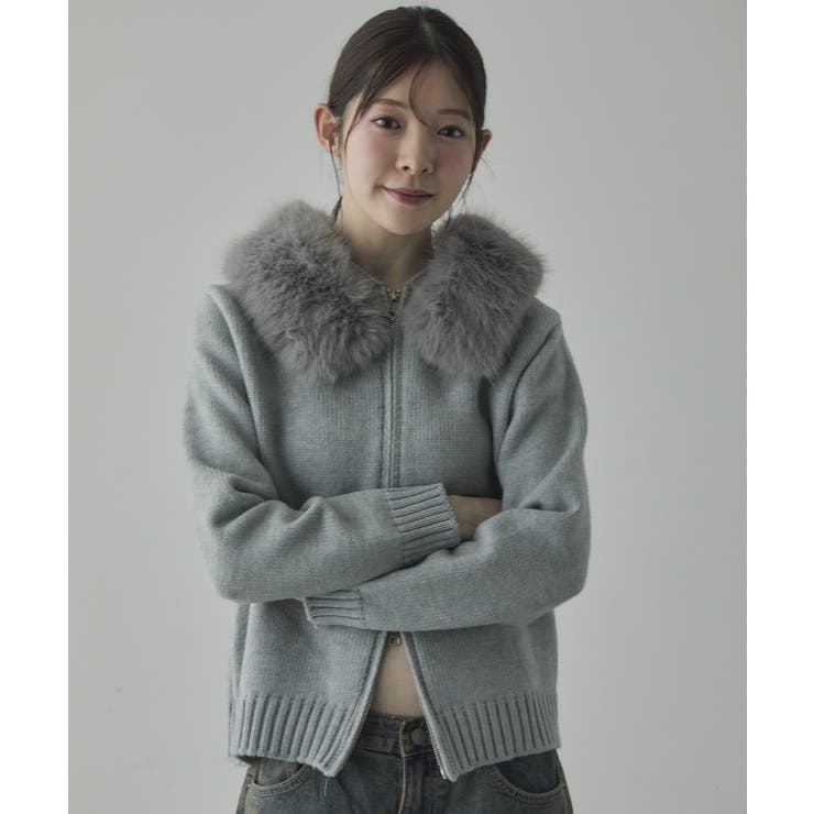 お値下げしました！パープル　ファー付き　ロングニットカーディガン ファー付 ニットフードカーディガン[品番：KH000015768]｜VIVID LADY