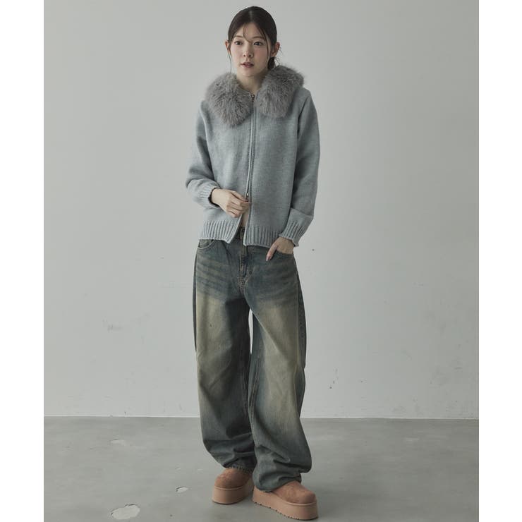 ファー付 ニットフードカーディガン[品番：KH000015768]｜VIVID LADY