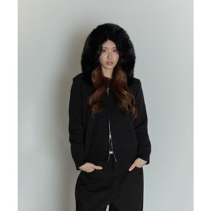 ファー付 ニットフードカーディガン[品番：KH000015768]｜VIVID LADY