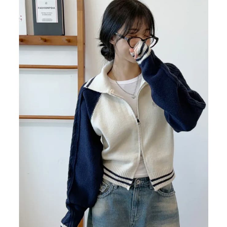 配色ラグラン ケーブルスリーブ ショート丈ダブルジップニット | VIVID LADY | 詳細画像10 