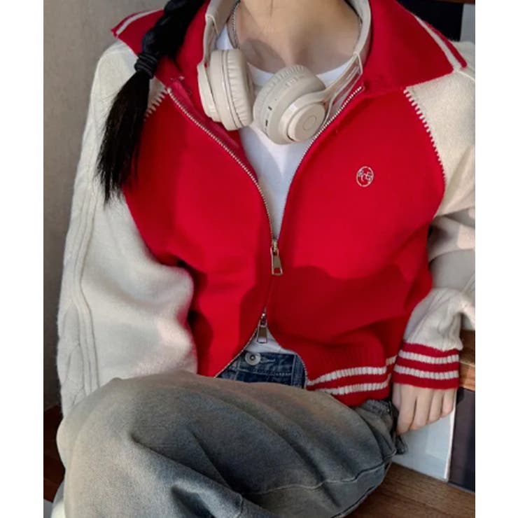 配色ラグラン ケーブルスリーブ ショート丈ダブルジップニット | VIVID LADY | 詳細画像14 