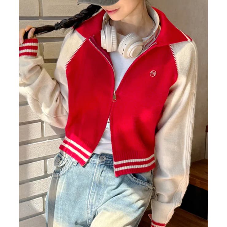 配色ラグラン ケーブルスリーブ ショート丈ダブルジップニット | VIVID LADY | 詳細画像15 