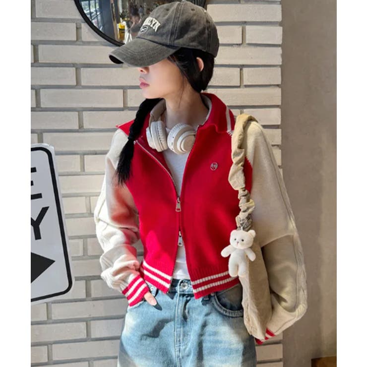 配色ラグラン ケーブルスリーブ ショート丈ダブルジップニット | VIVID LADY | 詳細画像18 