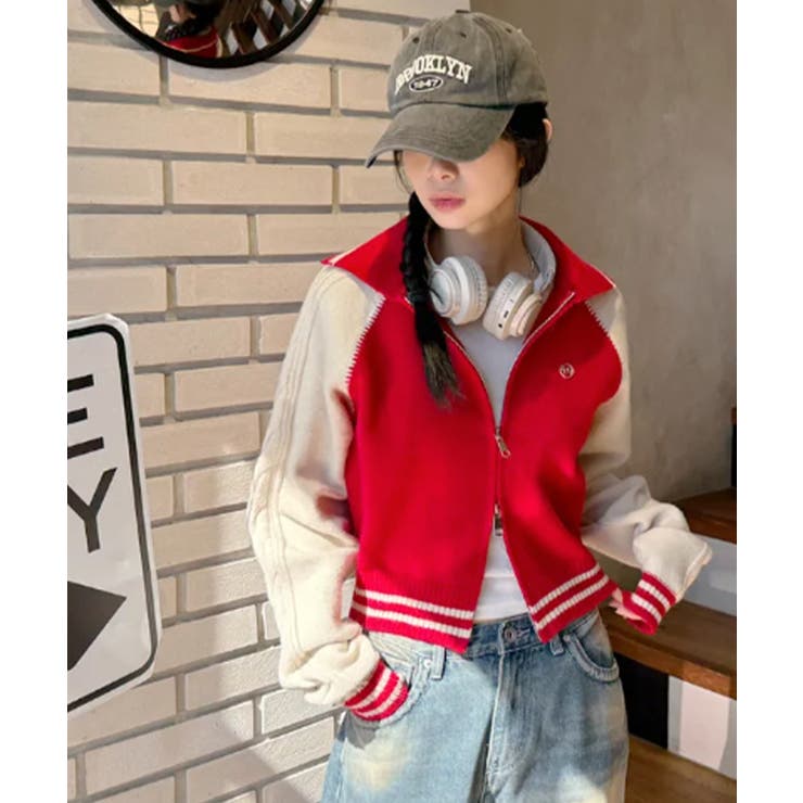 配色ラグラン ケーブルスリーブ ショート丈ダブルジップニット | VIVID LADY | 詳細画像19 