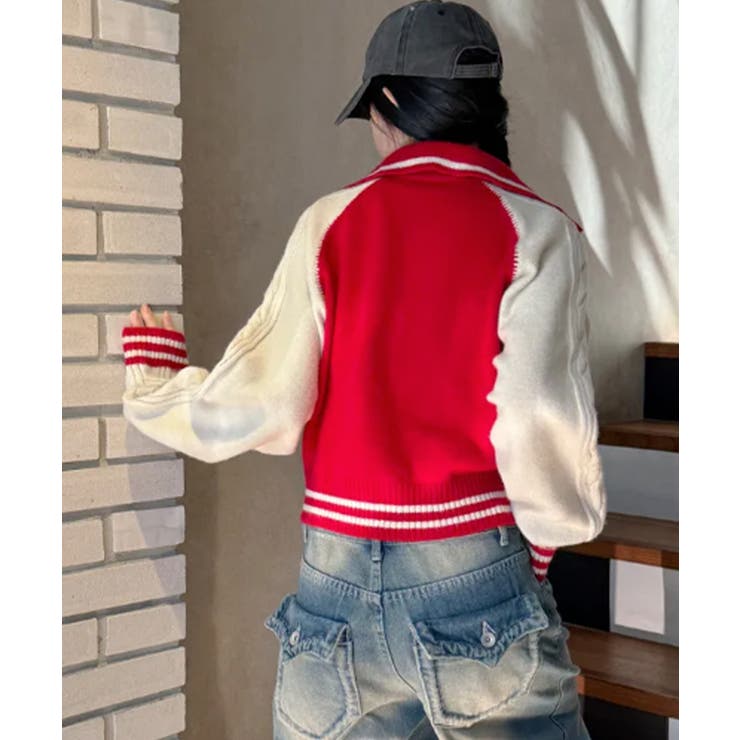 配色ラグラン ケーブルスリーブ ショート丈ダブルジップニット | VIVID LADY | 詳細画像21 