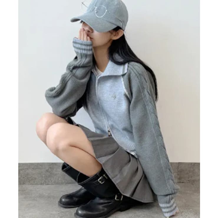 配色ラグラン ケーブルスリーブ ショート丈ダブルジップニット | VIVID LADY | 詳細画像2 