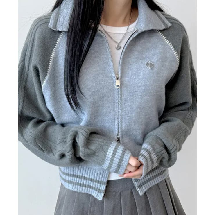 ライトブルー | 配色ラグラン ケーブルスリーブ ショート丈ダブルジップニット | VIVID LADY