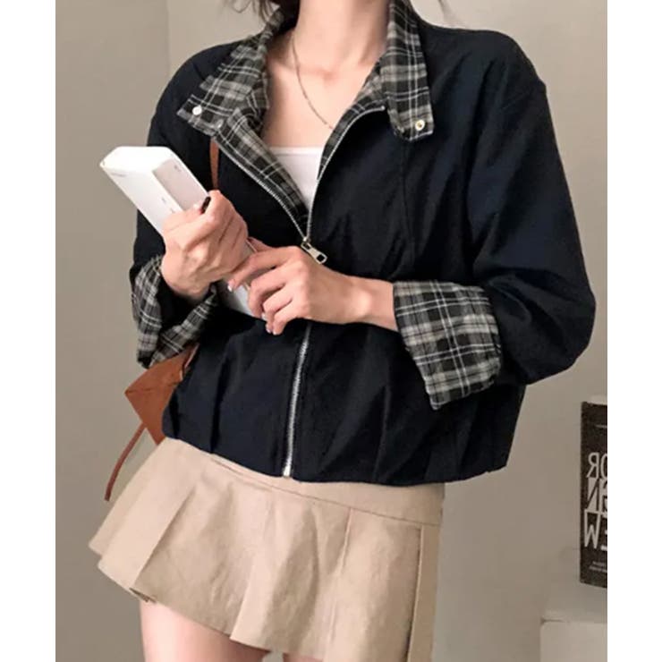 ネイビー | チェック柄ライナー付き ショート丈ブルゾン | VIVID LADY
