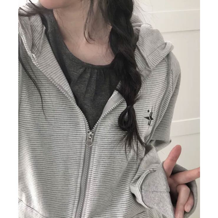 ボーダー柄 フード付きダブルジップパーカー[品番：KH000015793