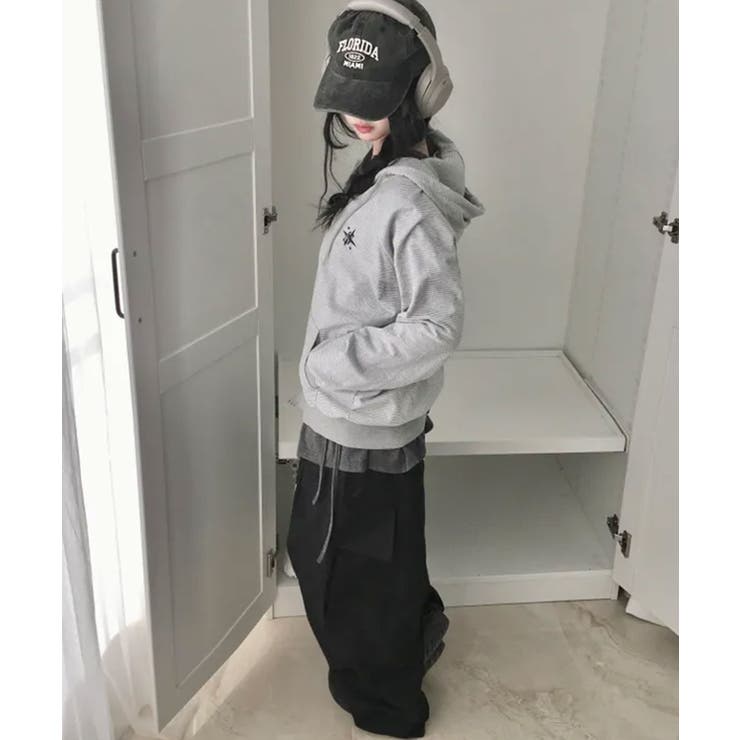 ボーダー柄 フード付きダブルジップパーカー[品番：KH000015793