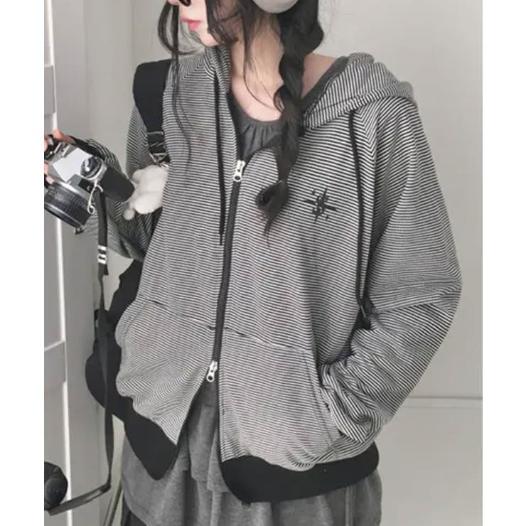 ボーダー柄 フード付きダブルジップパーカー[品番：KH000015793