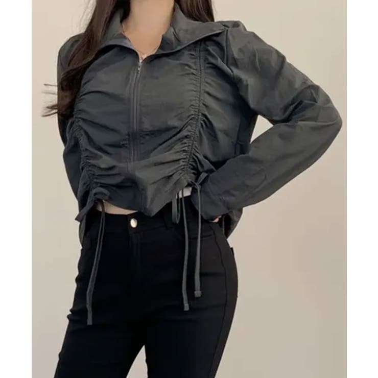 チャコールグレー | ダブルシャーリング スタンドネック ショート丈ブルゾン | VIVID LADY