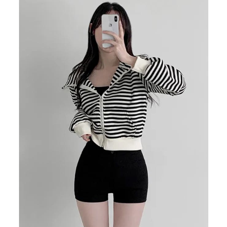 耳付きフード ボーダー ダブルジップショートパーカー | VIVID LADY | 詳細画像5 