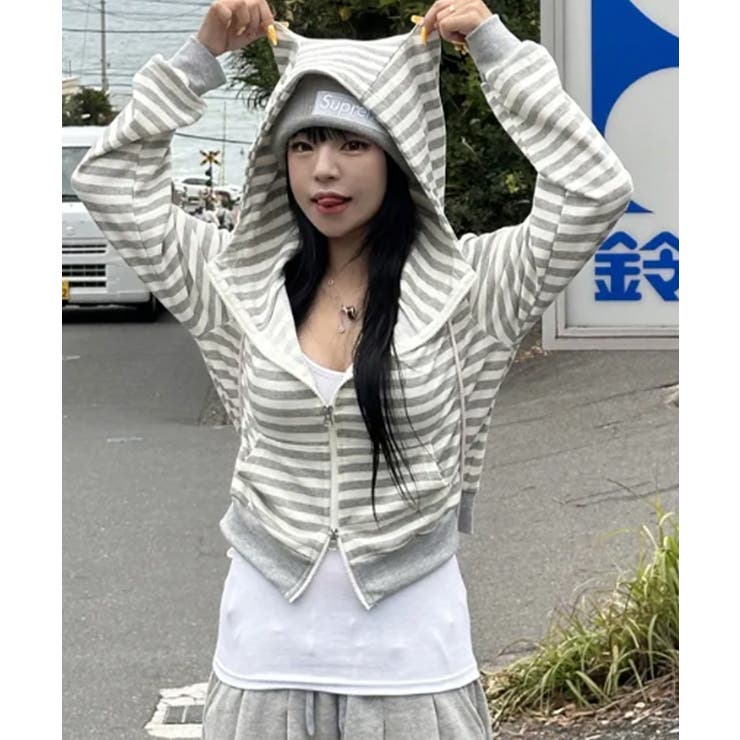 耳付きフード ボーダー ダブルジップショートパーカー | VIVID LADY | 詳細画像13 