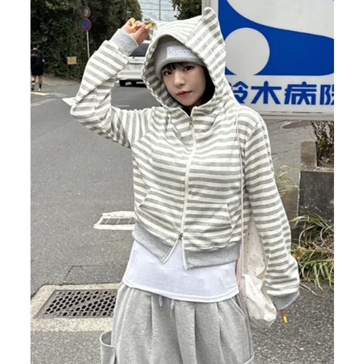 耳付きフード ボーダー ダブルジップショートパーカー | VIVID LADY | 詳細画像16 