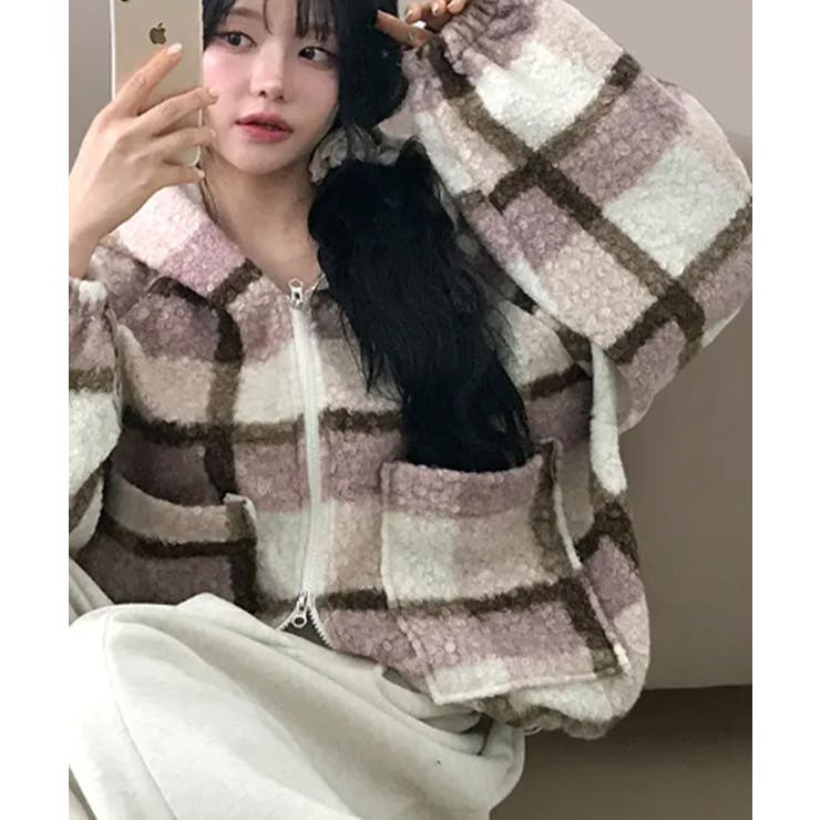 チェック柄 もこもこボア フーディーブルゾン | VIVID LADY | 詳細画像1 