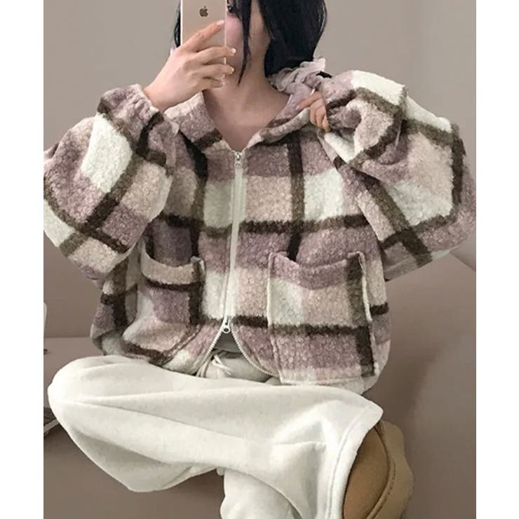 チェック柄 もこもこボア フーディーブルゾン | VIVID LADY | 詳細画像2 