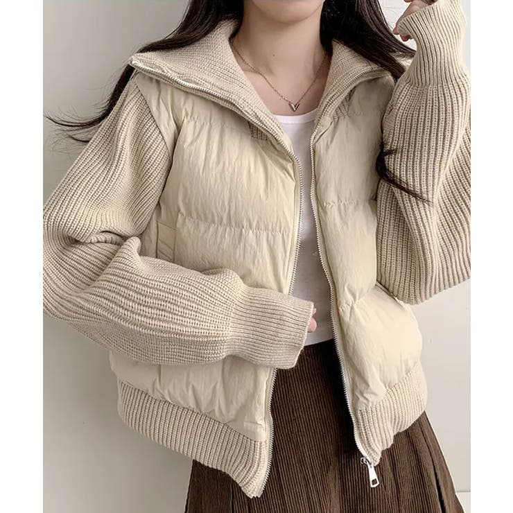 アイボリー | ニットスリーブ ドッキング ハイブリッド中綿ブルゾン | VIVID LADY