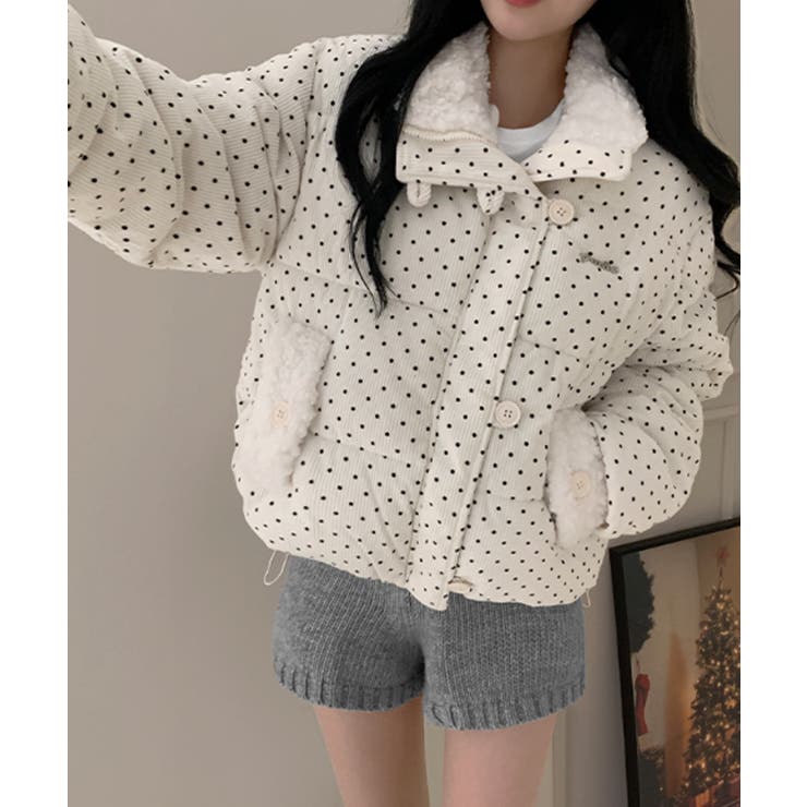 アイボリー | ドット柄 ボアポケット ショートダウンジャケット | VIVID LADY