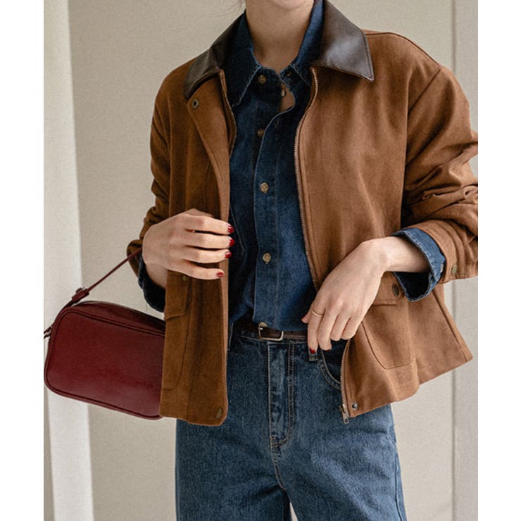 フェイクレザー襟付き スエードライク ブルゾンジャケット | VIVID LADY | 詳細画像1 