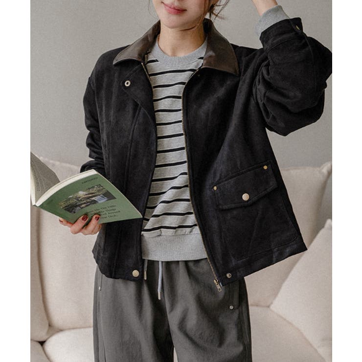 フェイクレザー襟付き スエードライク ブルゾンジャケット | VIVID LADY | 詳細画像5 