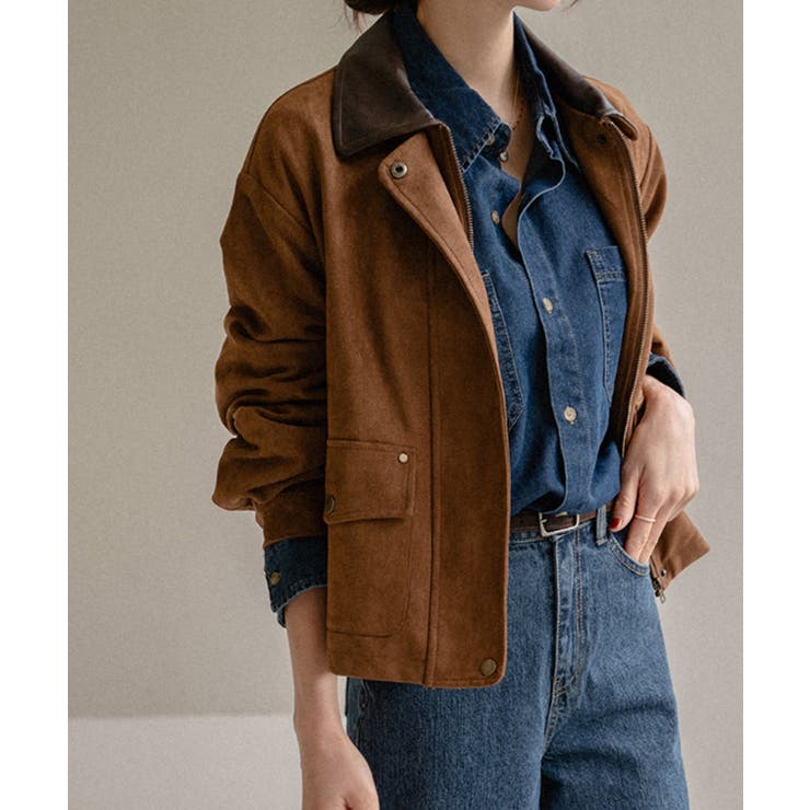 ブラウン | フェイクレザー襟付き スエードライク ブルゾンジャケット | VIVID LADY