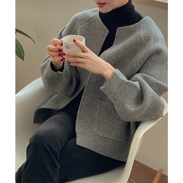 ノーカラー ウールタッチ ニットアウター[品番：KH000015835]｜VIVID