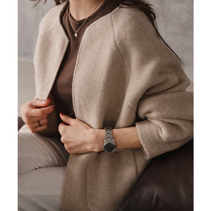 ベージュ | ノーカラー ウールタッチ ニットアウター | VIVID LADY