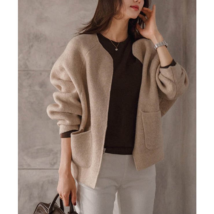 ノーカラー ウールタッチ ニットアウター[品番：KH000015835]｜VIVID